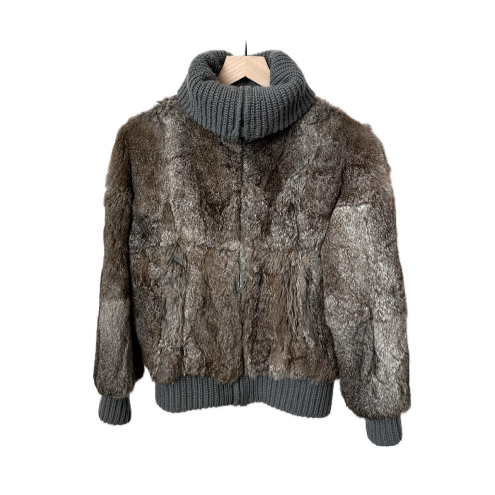 Vintage 80s Real Rabbit Fur Luxurious Bomber Zip Jacket Brown/Gray-M, fits Small